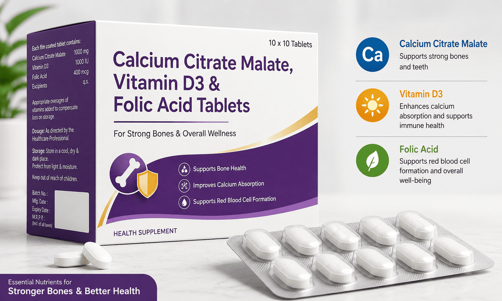 Calcium Citrate Malate, Vitamin D3 and Folic Acid Tablets