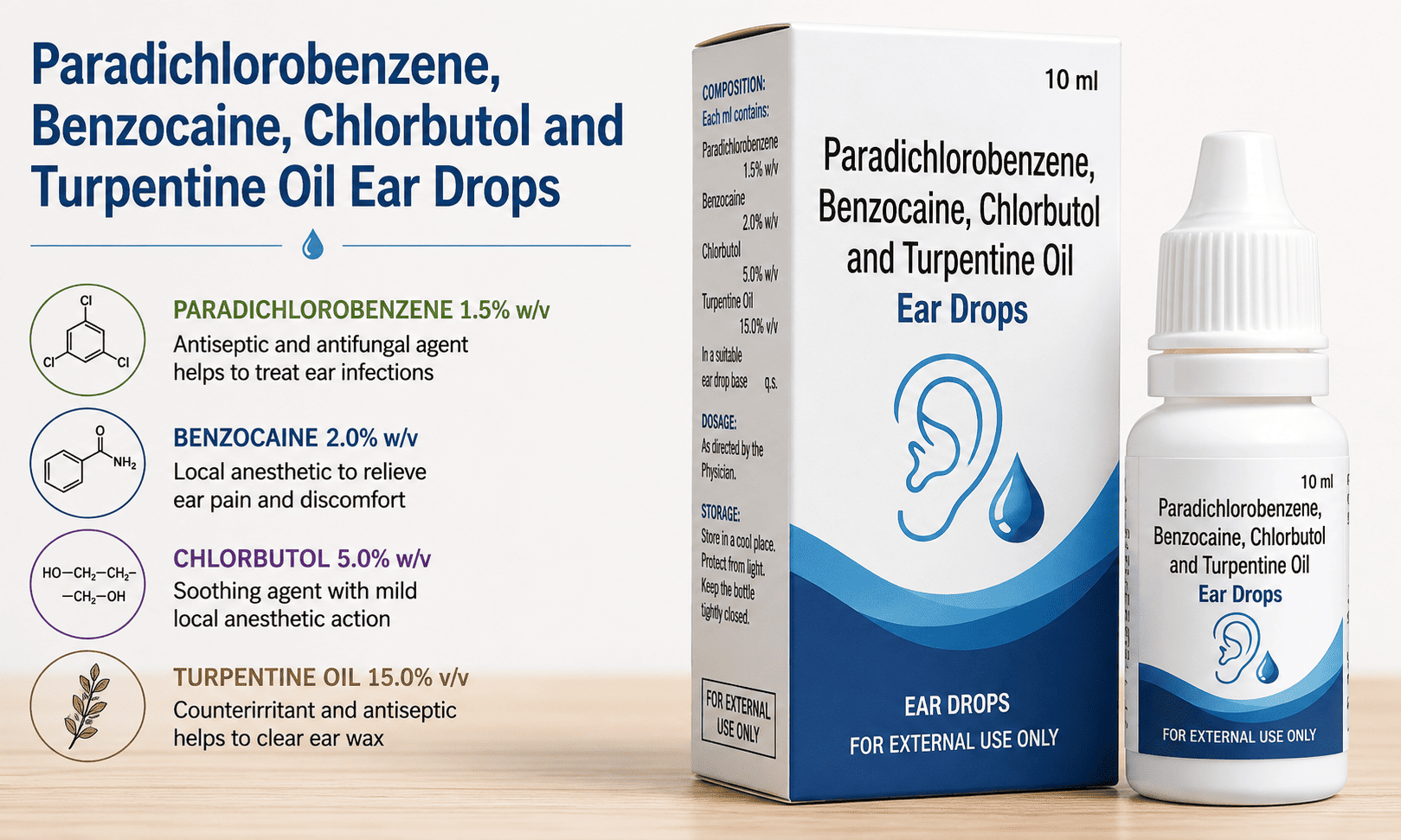 Paradichlorobenzene, Benzocaine, Chlorbutol and Turpentine Oil Ear Drops